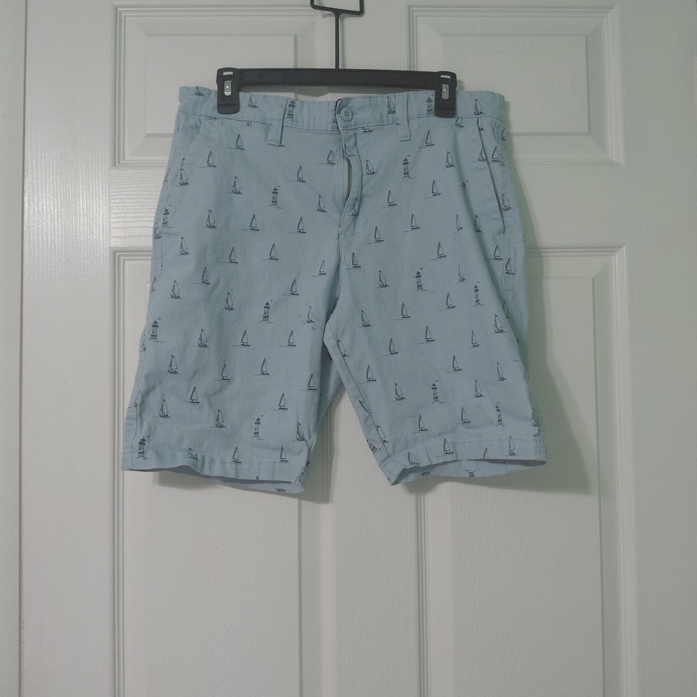 Rugby University Chino Shorts Men 34 Blue Sailboat Print Stretch Boating